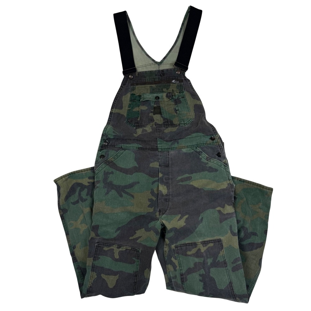 VTG Liberty Overalls 37x29 Camo Double Knee Utility Bibs Green Woodland Workwear